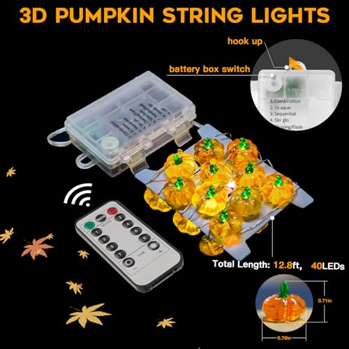 suddus 3D Pumpkin String Lights, 12.8ft 40 LED Fall Fairy Lights Battery Operated with Remote& 8 Modes & Timer, Waterproof Orange Lights for Indoor Outdoor Home, Party, Harvest Thanksgiving Décor2