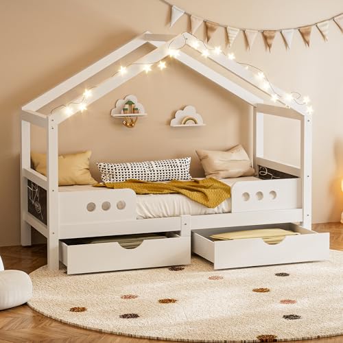 vutizal Cama infantil de 90 x 200 cm con diseño de techo y cajones, cama blanca con pizarra, gran espacio de almacenamiento y construcción estable (hasta 120 kg), respetuosa con el medio ambiente y