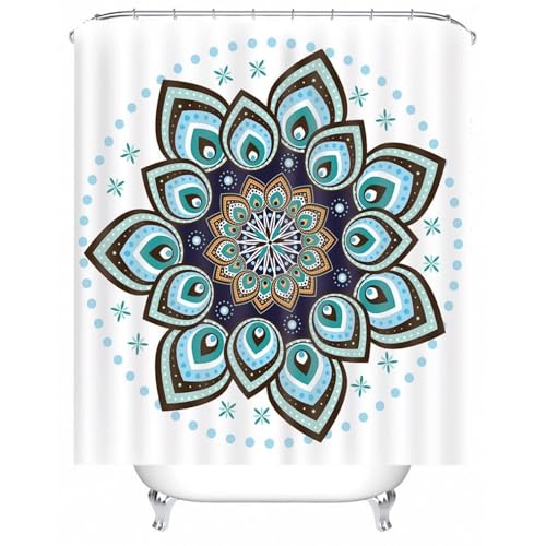 Rideau de douche textile mandala vert marron imperméable en polyester avec anneaux - 2