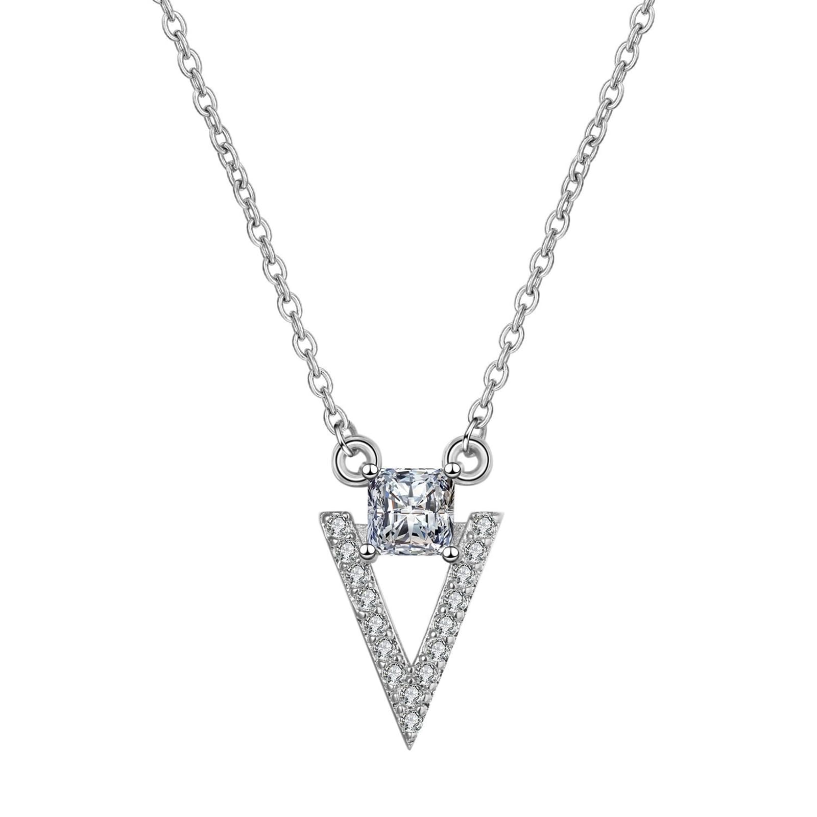 Collana 9kt/14kt/18kt Oro Bianco, Collana Ciondolo Donna Triangolo con Diamante Sintetico, Catena Regolabile 40+5 cm