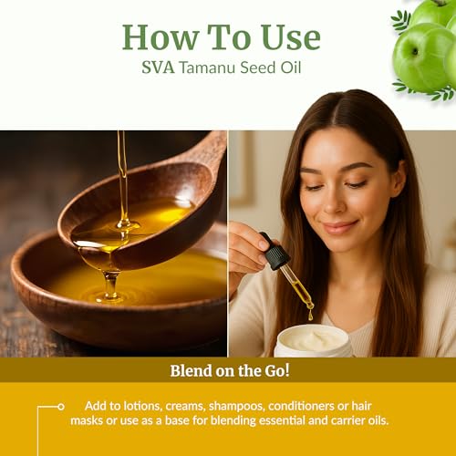 Image of SVA Organic Tamanu Seed Carrier Oil, Huge Glass Bottle, 32 Fl Oz (946 ml) | Tamanu Oil for Face Care, Skin Care, Facial Oil, Hair Care, Scalp Massage, Body Massage, Dilution & DIY Beauty Blends