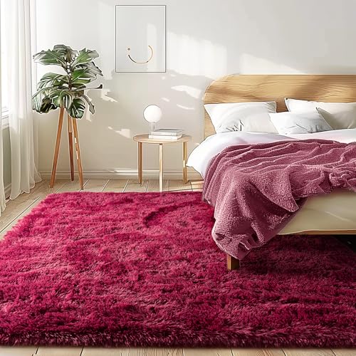 5x7 Rugs for Living Room - 1.4" Height Pile Plush Rug - Non-Slip Fluffy Throw Carpet for Bedroom - Burgundy