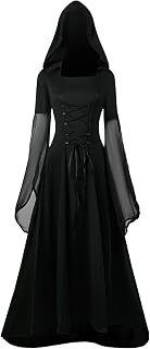 Gothic Kleidung Damen Schnürkleid mit Kapuze, Mittelalter Kleid