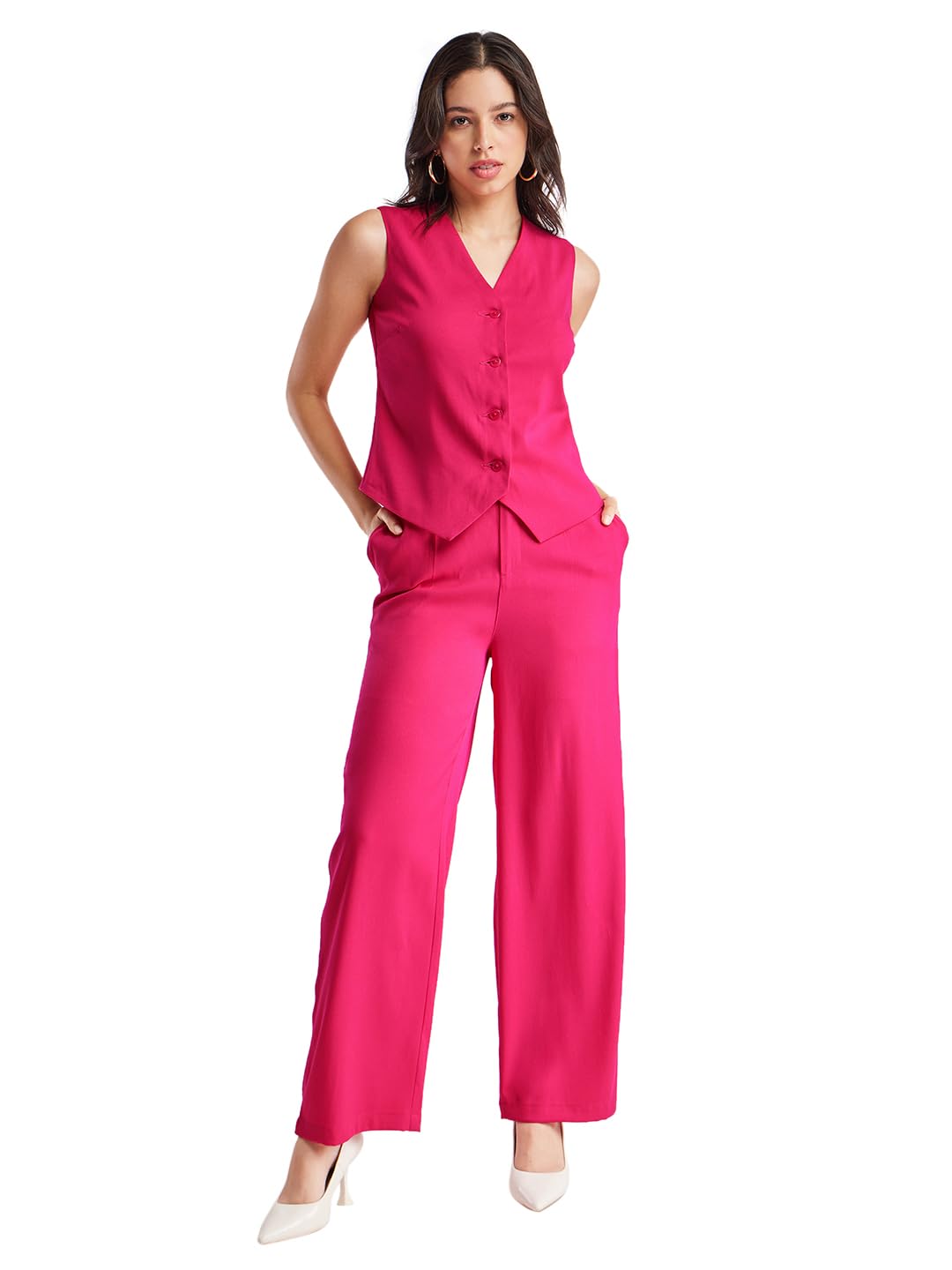 fablestreet Women Formal Co-Ord Set | V-Neck Sleeveless Waistcoat & Wide-Leg Trousers | Solid Fuchsia Pink | Button Closure | Smooth Woven Fabric | Business Casual & Workwear-picture-36