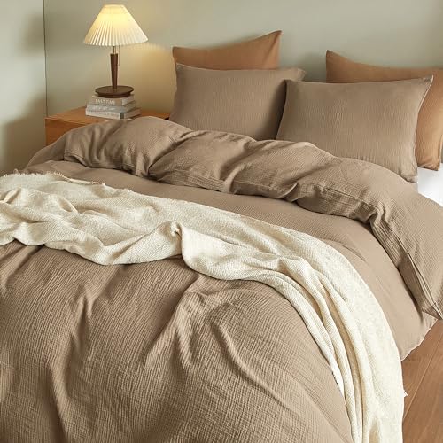 SE SOFTEXLY Muslin Duvet Cover Twin Size, 100% Washed Cotton Duvet Cover Set, Ultra Soft Comforter Cover Linen Like, 2 Pieces Minimalist Gauze Duvet Cover with 1 Pillowcase, 68"x90", Light Brown