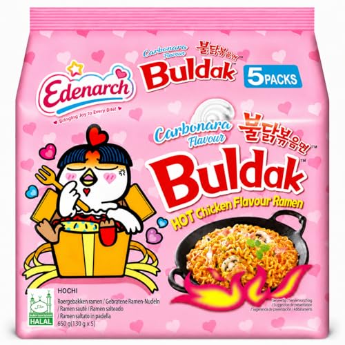 Buldak Carbonara Noodles Hot Chicken Flavour Ramen - 5 Pack x 130g - Korean Style Instant Noodles Creamy Spicy Carbonara - 650g