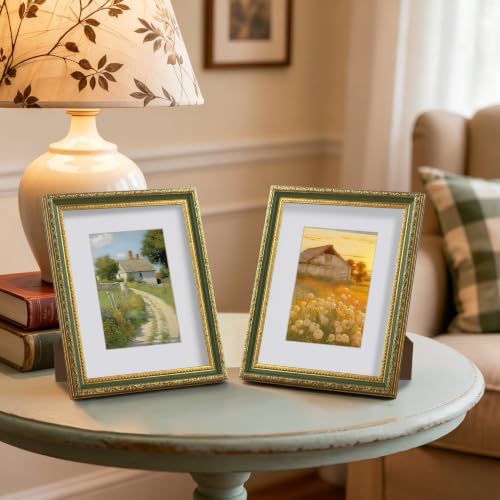 Image of eletecpro 8x10 Vintage Picture Frame, Glass Cover, Light Green, 2-Pack | Display Photo 5x7 with Mat or 8x10 without, Horizontal or Vertical, Tabletop or Wall Decor