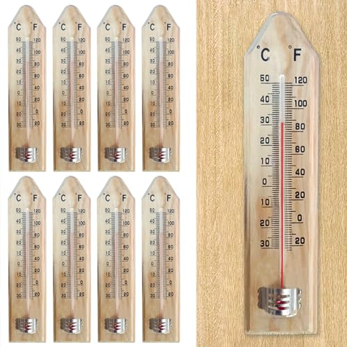 8 Stück Zimmerthermometer Holz, Wetterfest Gartenthermometer, Analoges Innenthermometer, Thermometer Hygrometer Analog aus Holz für Außen Garten...