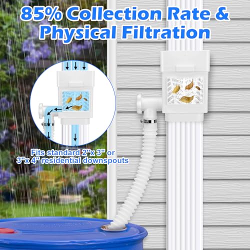 WADEO-Rainwater-Collection-System-Downspout-Diverter-Fits-for-2x-3-or-3x-4-Residential-Downspouts-Rain-Barrel-Diverter-Kit-with-Adjustable-Valve-and-Filter-5FT-Hose-White