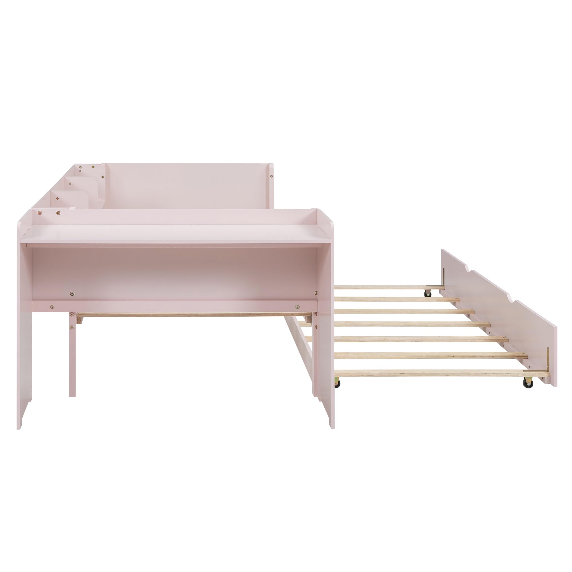 Cama individual de 90 x 200 cm, cama plana de madera, con cama extraíble, con escritorio, tres estantes en el lateral de la cama (rosa)