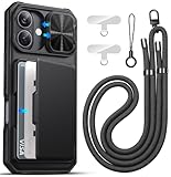 ATATOO for iPhone 17 Case Wallet with Lanyard, Phone Strap Crossbody for Women Men, Card Holder & Slide Camera Cover, Military Grade Protection, Rugged Protective Case for iPhone 17 6.3' 2025, Black