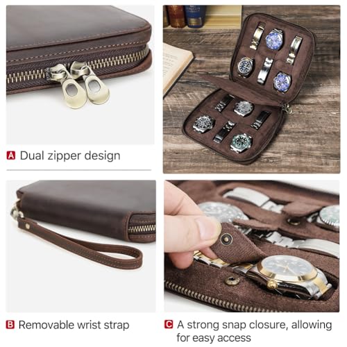 Image of CONTACT'S FAMILY Leather Travel Watch Case for 6 Watches (Coffee)