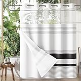 AmazerBath No Hook Shower Curtain and Liner Set, Shower Curtain with Liner and Hooks Built-in Less Time, Heavy Double Waterproof Farmhouse Shower Curtain Set for Bathroom, Black Stripe, 74'x72'