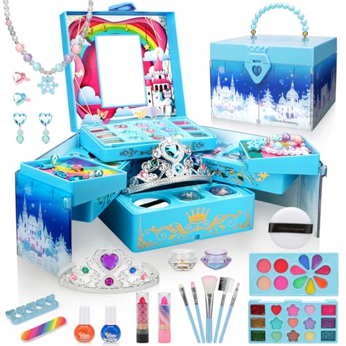 Kids Makeup Kit for Girl Frozen Toys for Makeup Sets Princess Toys Real Washable Cosmetic Set with Mirror Play Make Up Birthday Gifts for 5 6 7 8 9 10 11 12 Years Old Kid