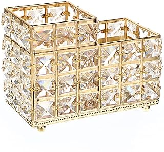 SUMNACON Crystal Makeup Brush Holder 2 Slot Brush Organizer Storage, Rectangle Eyeliners Eyebrow Cosmetic Container Cup Pencil Holder, Cosmetic Makeup Brush Storage Holder (Gold)
