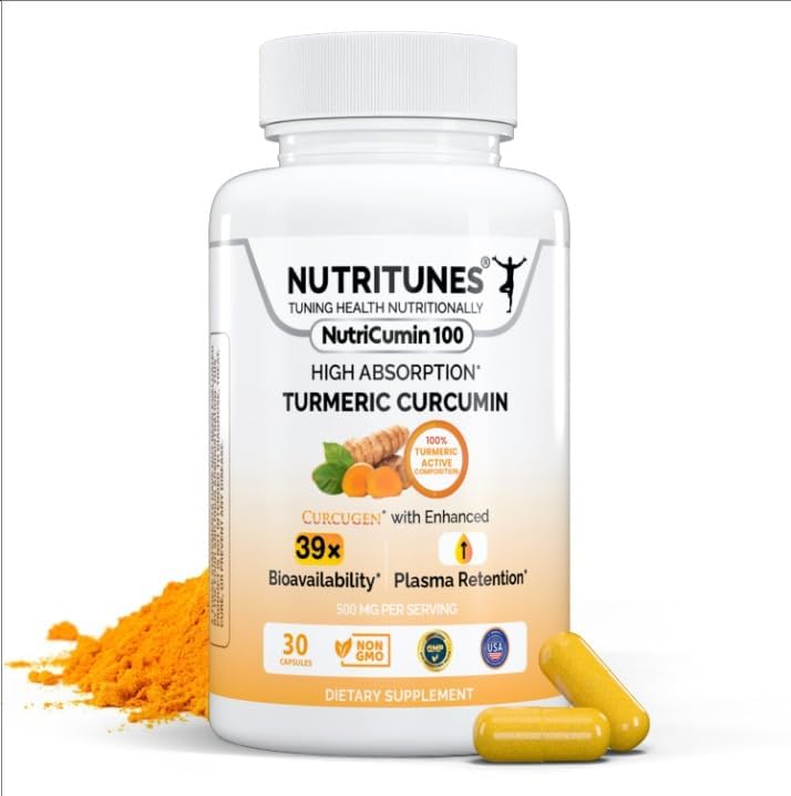 High Absorption Turmeric Curcumin Supplement –39X Enhanced bioavailability – 100% Turmeric Matrix – Vegan, Non-GMO, – 500mg – 30 NutriCumin 100 Capsules