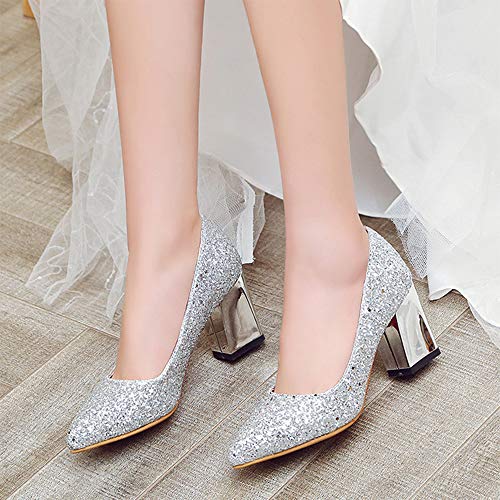 Women's Sparkling Glitter Chunky Heel Closed Toe Pumps Comfortable Mid Block Heel Slip-on Classic Party Dress Shoes3