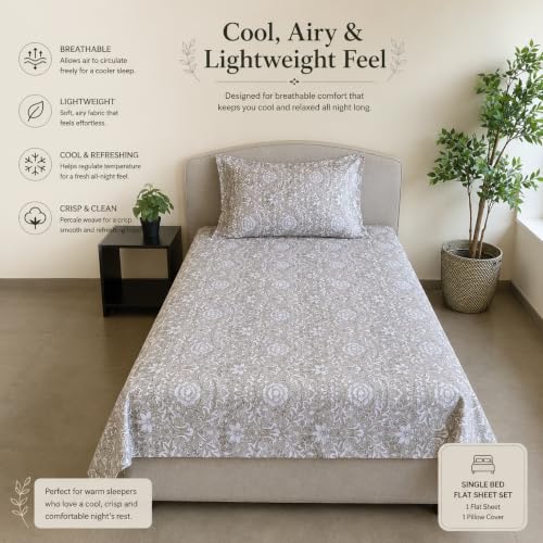 Image of Linen Home Cotton Percale Flat Bedsheet Set Single Size Damask Brown