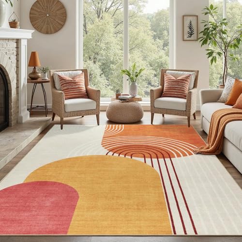DCX Abstract Machine Washable 6x9 Rug, Mid Century Modern Rug for Living Room, Soft Low Pile Non Slip Carpet, Kid & Pet Friendly Stain Resistant Rug for Bedroom Dining Room Office, Orange &
