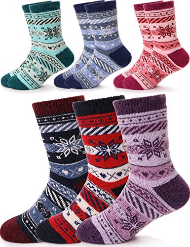 Sandsuced Filles Garçons Chaussettes En Laine Chaud Épais Coton Thermique Hiver Crew Chaussettes Pour Enfant Enfant En Bas Âge 6 Pack(Flocon de neige A,4-7 anné) Cover