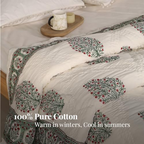 Image of Peepul Tree Single Bed Cotton Malmal Quilt /Dohar | Hand Block Jaipuri Razai | Beautiful Floral Soft, Breathable & Reversible AC Blanket | Made in India (White & Green, 60x90inches)