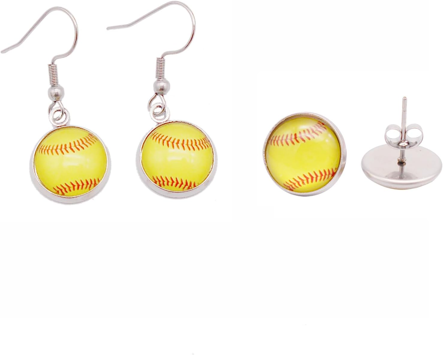 Julie Wang2 Pairs of Stainless Steel Softball Earrings for Women Hypoallergenic Glass Softball Cabochon Earring Studs Hooks Softball Player Fan Gift