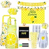 Lemonade Stand Supplies Set, 50 Pcs Lemonade Cups with Lids and Straws, 2 Pcs Kids Lemon Aprons with 2 Chef Hats, Wooden Blackboard with Chalks Banners Tablecloth Stickers for Summer Lemon Party Decor