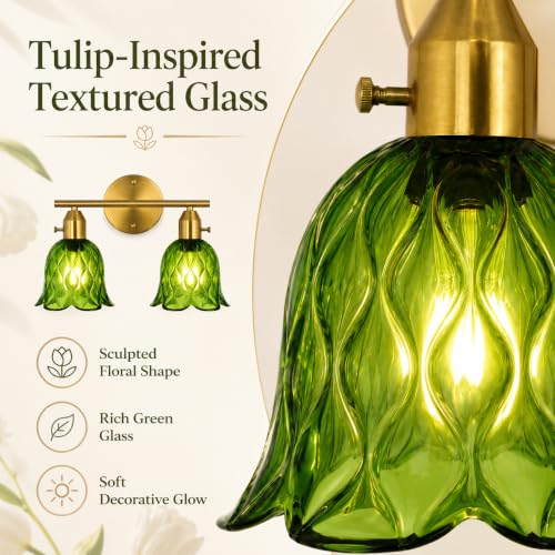 Image of 2-Light Hardwired Wall Sconces Set of Two, 14.17 inch Gold Bathroom Sconces with Clear Green Glass, Vintage Sconces Wall Decor Set of 2 Wall Light fixtures for Bathroom Mirror Living Room Hallway Bedroom
