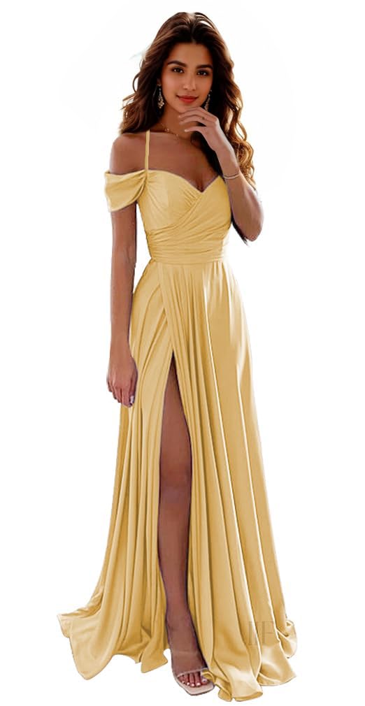 IIF Satin Bridesmaid Dresses Off Shoulder Spaghetti Strap Long Ruched A Line Formal Prom Dress with Slit IIF006