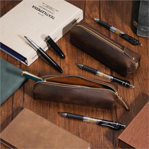 Image of ECHSRT Small Genuine Leather Pencil Pouch for Adults, Coffee | Crazy Horse Leather Finish, Compact Writing Instrument Storage