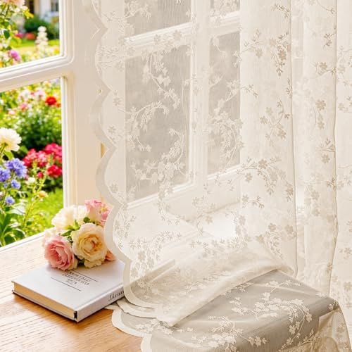 MIMUNULUX Vintage Floral Lace Sheer Curtains 84 Inches Long 2 Panels, Flower Branch Pattern, Scalloped Edge, Easy Rod Pocket, Romantic Drapes for Bedroom Living Room (W52xL84) Beige