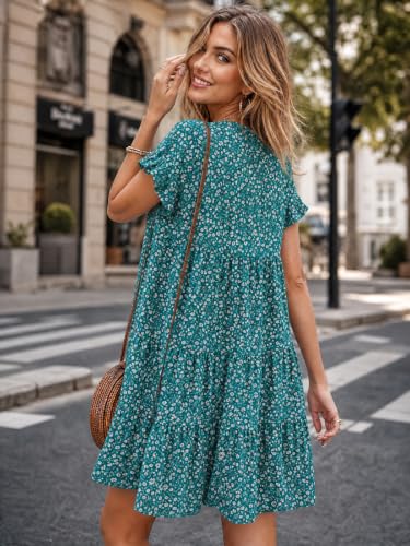 Image of Imysty Womens Boho Floral Ruffle Sleeve Babydoll Loose Flowy Casual Summer Pleated Mini Dress