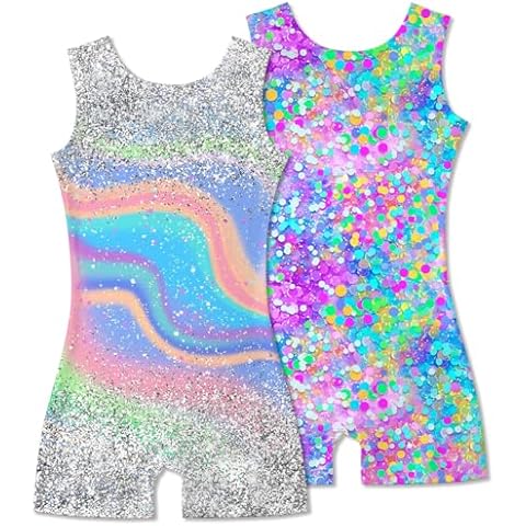 Taubow 2 Packs Gymnastics Leotards for Girls Size 7-8 Kids Biketard with Shorts Gradient Tie Dye Diamond Dance Leotard Size 8 Cover
