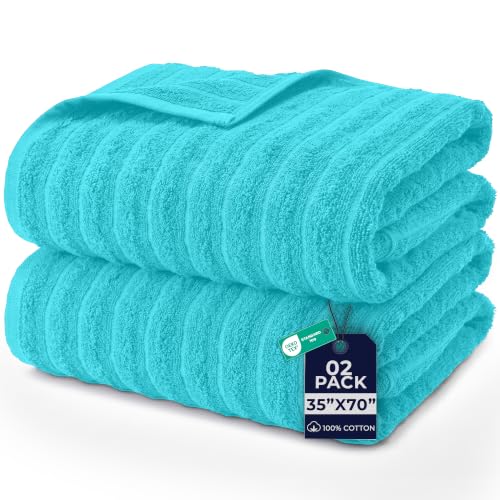 Image of DAN RIVER Pack of 2 Bath Sheet 35x70 Inches, Ribbed Jumbo Bath Sheets for Adults, Thick and Absorbent Large Towels - Aqua
