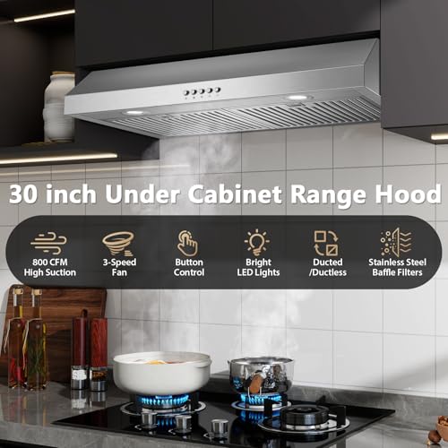 Image of Under Cabinet Range Hood 30 inch, Stainless Steel Kitchen Hood 800CFM, Stove Hood with Push Button Control, Baffle Filters, Ducted /Ductless Convertible Duct