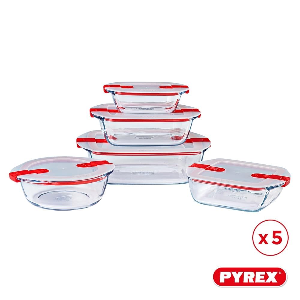Pyrex® - Cook & Heat - 5 Stück Glasschalen mit luftdichten Deckeln, mikrowellengeeignet, BPA-frei