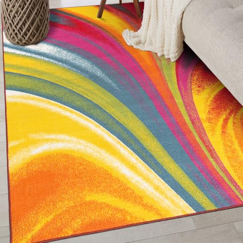 Rugshop Multi Waves Non Slip Modern Colorful Area Rug Fade
