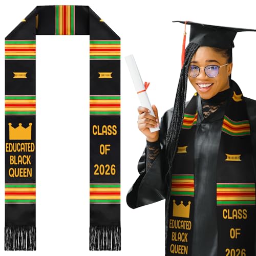Geyoga Educated Black Queen Graduation Stole Kente Stole Black Authentic African Art 72 x 4.8 for Adult College Unisex Grads Celebrate