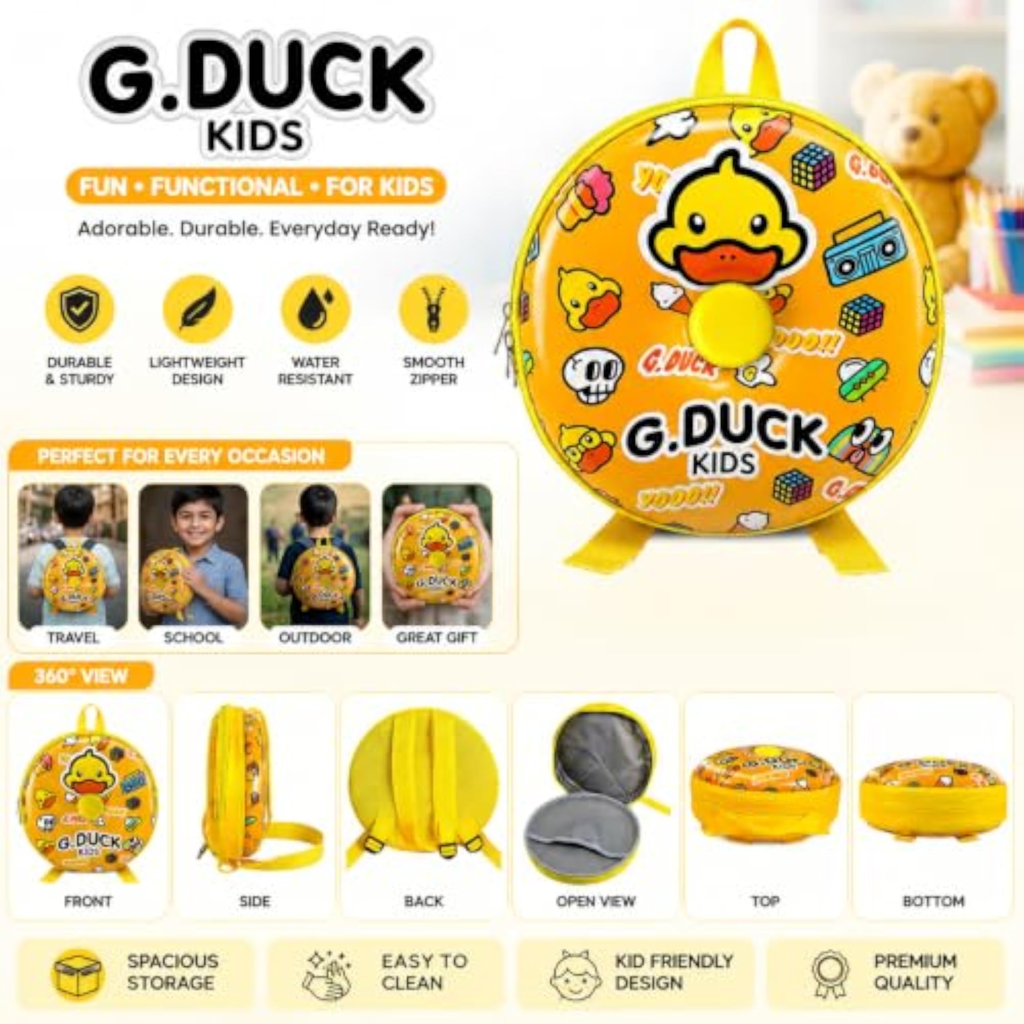 Round Cartoon Duck Kids Backpack for Boys & Girls, Cute Design