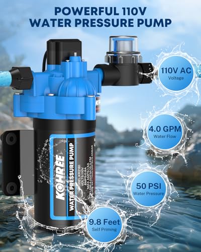 Image of Kohree 110V AC Water Pressure Pump, 4 GPM 50 PSI, On Demand Self-priming RV Fresh Water Pump, 3-Chamber Diaphragm Pump with Pressure Switch and Strainer for RV, Marine, Garden, Kitchen, Bathroom
