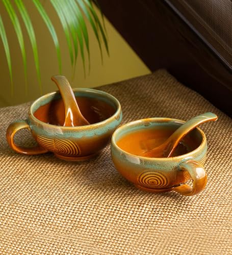 Image of ExclusiveLane 'Peacock Boulevard' Ceramic Soup Bowl with Spoon Set of 2 (320 ML, Dishwasher & Microwave Safe Bowls) | Modern Ceramic Soup Bowl with Handle Soup Bowls Set of 2 Soup Bowls Set