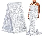 WorthSJLH African Lace Fabric 5 Yards 2023 Wine White Nigerian French Lace Fabric Beaded Embroidery Lace Material LF205(White)
