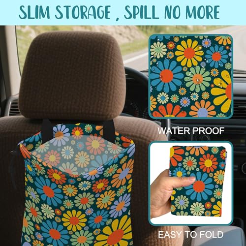 Image of Car Garbage Bag Vintage Groovy 70s Floral Drawstring Car Trash Bag Hanging for Back Seat with Adjustable Buckle Canvas Vehicle Trash Can Easy-to-Install