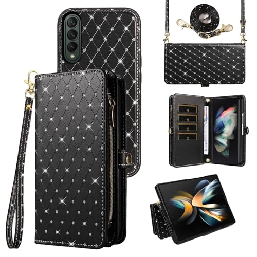 Asuwish Phone Case for Samsung Galaxy Z Fold 3 5G 2021 Zipper Wallet Detachable Cell Cover with Crossbody Lanyard Strap Glitter Flip Card Holder Slot ZFold3 Z3 Fold3 3Z ZFold35G Women Men Girls Black