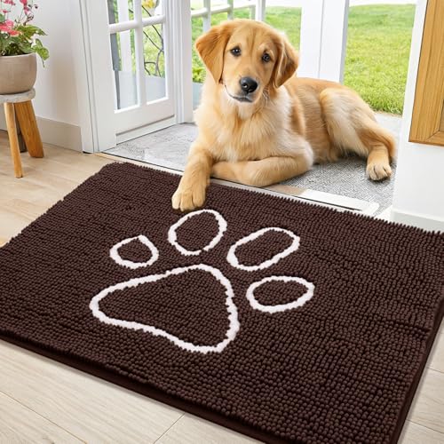 Image of Smiry Dog Door Mat for Muddy Paws, Absorbent Dirt Trapper Non Slip Quick Dry Washable Chenille Mat for Mud Dogs, Entry Rug for Indoor and Outdoor (34x21 Inches, Brown and White)
