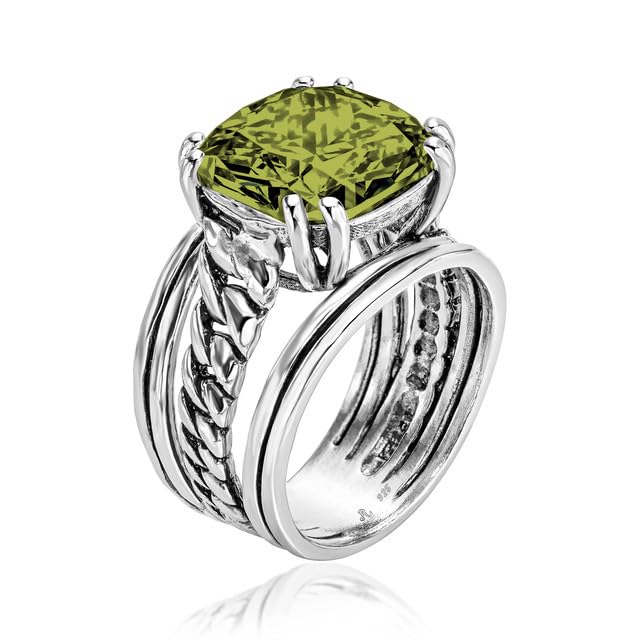 JEAN RACHEL JEWELRY 925 Sterling Silver Ring - Curb Chain Vintage Design with Cushion Shaped Cubic Zirconia - Hypoallergenic, Lead & Nickel Free -