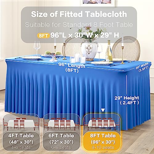 Image of 3 Packs Royal Blue Spandex Tablecloths for 8 Foot Rectangle Tables, Stretchy Fitted 8FT Blue Table Skirt for Wedding Party, Wrinkle Free Tablecloths for Banquet Wedding Birthday Party