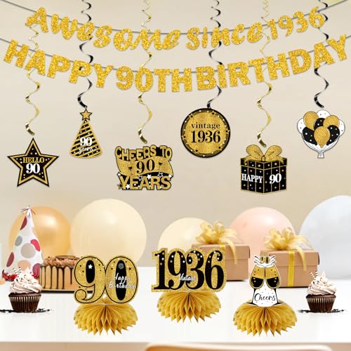Image of Kuxriox 11Pcs 90th Birthday Decorations Kit for Men Women, Black Gold Happy 90th Birthday Banner, Awesome Since 1936 Centerpieces Swirls Party Supplies, Ninety Bday Banner Ceiling Table Topper Sign
