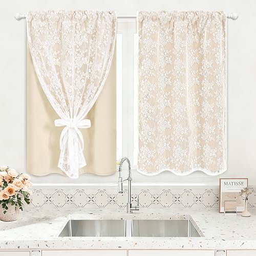 Image of Yinhua Beige Kitchen Curtains 36 Inch Length Double Layer Blackout Cafe Curtains with Floral Sheer Overlay Rod Pocket Short Curtain for Windows, Small Window Curtain for Bathroom Living Room, 2 Panels
