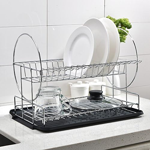 POPILION Superior Quality Kitchen Sink Side Draining Two Tier Dish Drying Rack,Double-Deck Black Dish Rack,Dish Drainer with DrainBoard